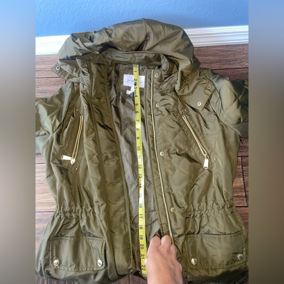 Olive puffer jacket trench coat jacket zip up cargo - Picture 6 of 10